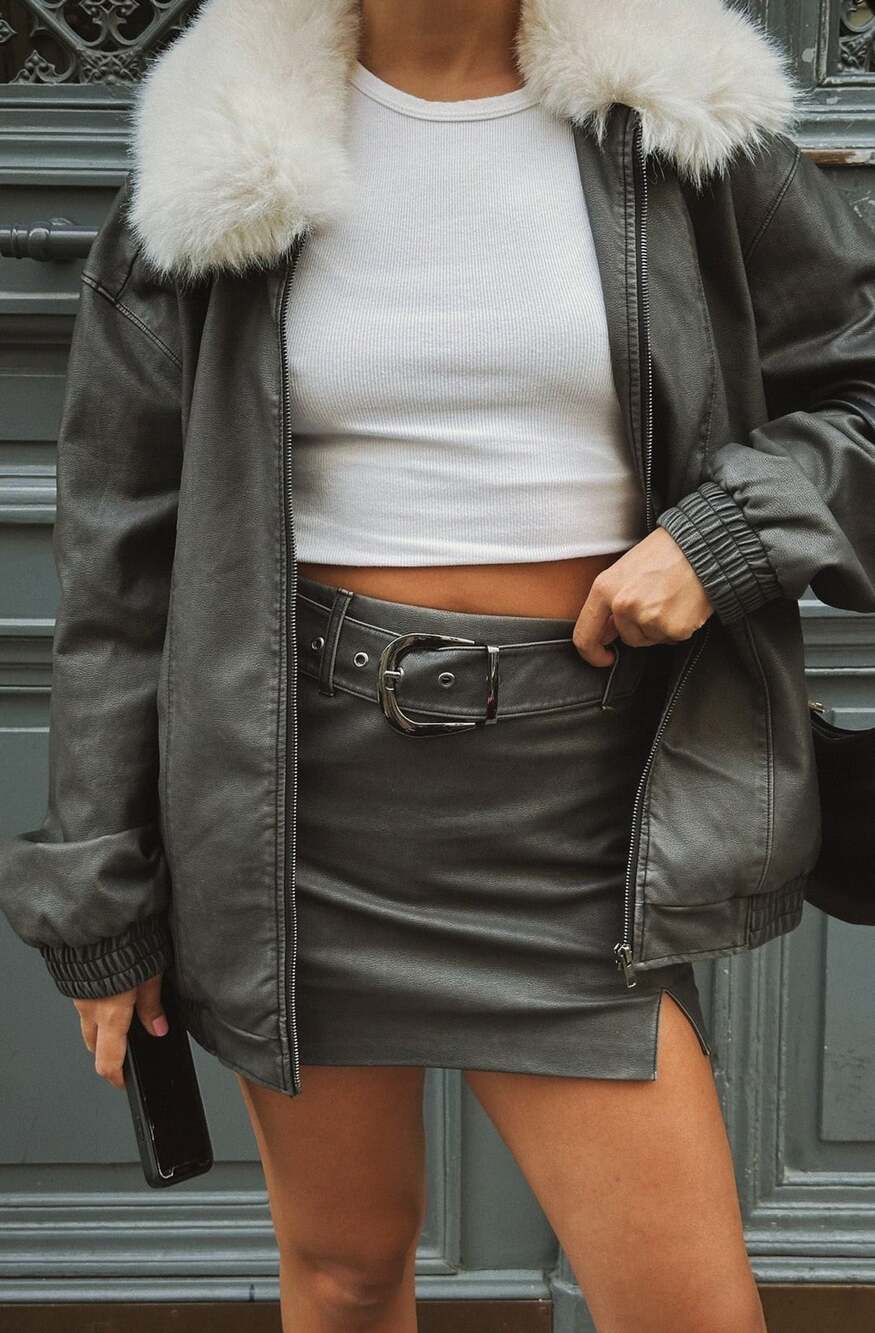 Show Me Your Mumu Tyra Belted Skirt Vintage Black Faux Leather XS